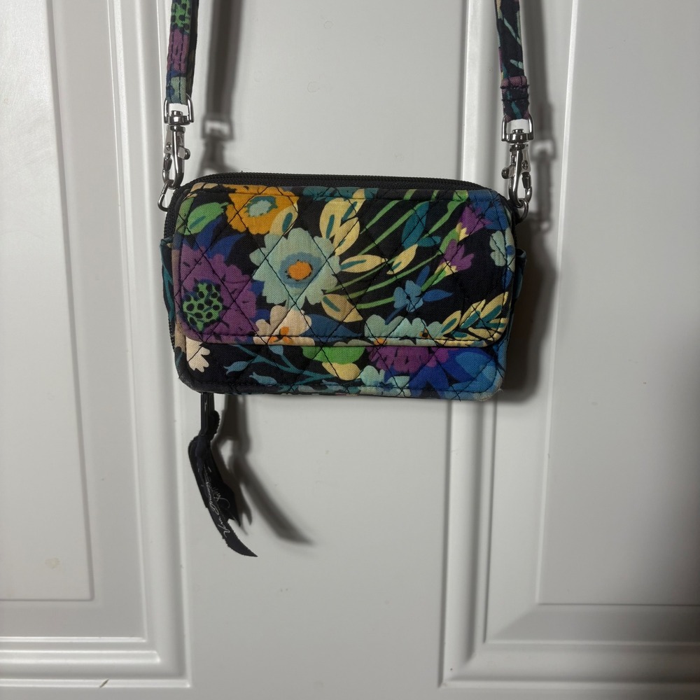 Vera Bradley Floral Quilted Crossbody Wallet Bag Black Blue Purple Yellow